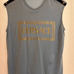 Versace Blue and Gold Logo Tank with Medusa Details